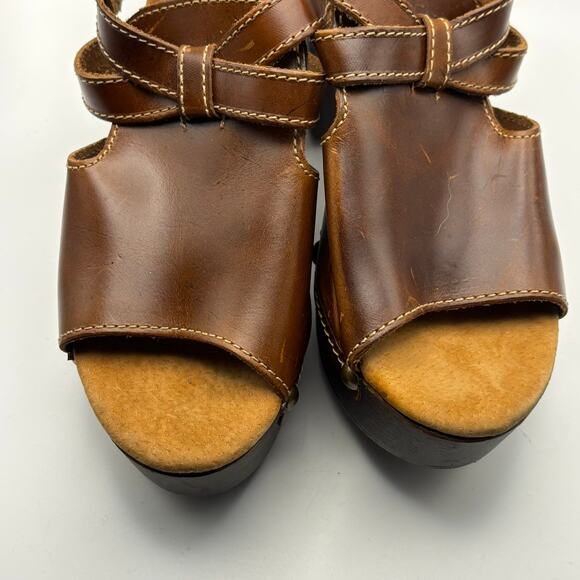 Sbicca Brown Leather Platform Clog Sandals Studded Wood Heel Boho Retro Size 39 - Picture 2 of 7